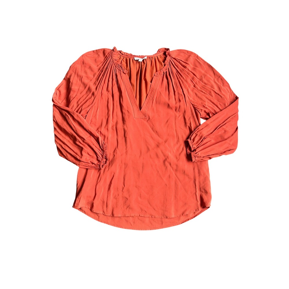 Anna Cate Burnt Orange Blouse Pleated Ruffle V-Neck Bishop Sleeve Womens Small